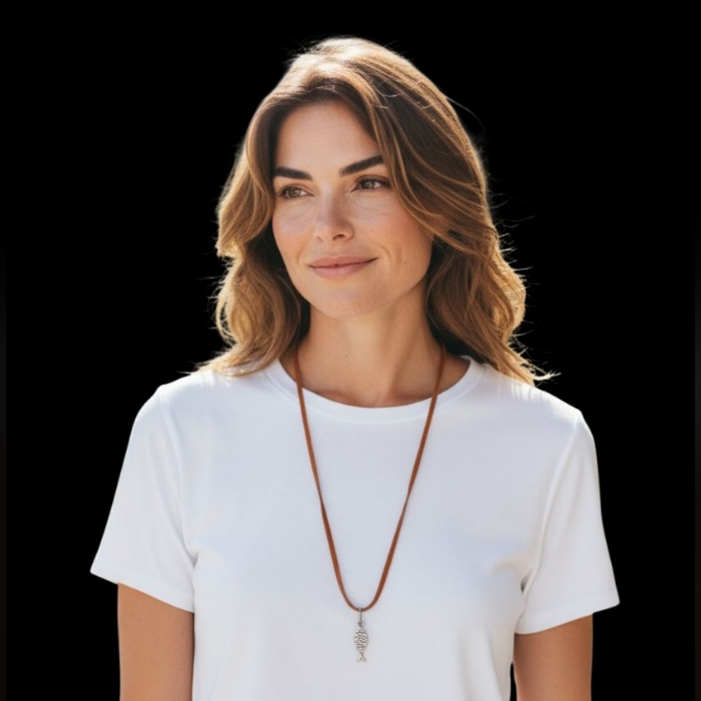 Leather Cord Necklace Ichtys Fish Jesus Christian Boho Grunge Gender Neutral 90s